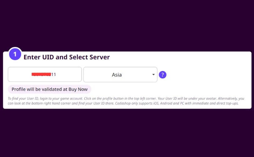 Entering UID and Server in Codashop for Genshin Impact