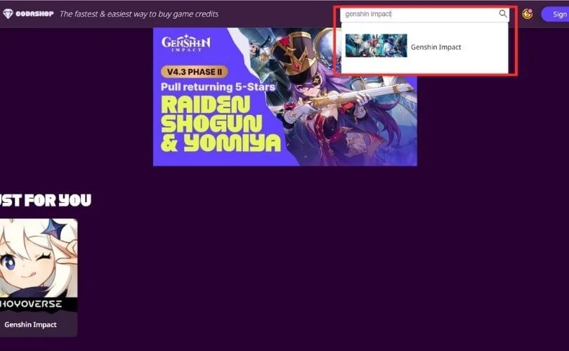 Searching Genshin Impact on Codashop