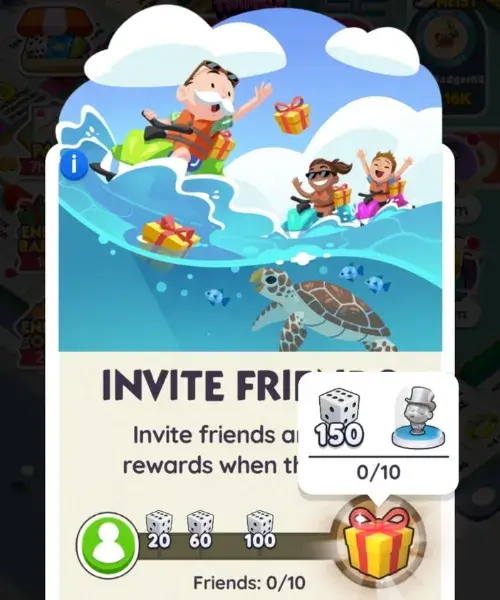 Invite friends free dice Monopoly Go