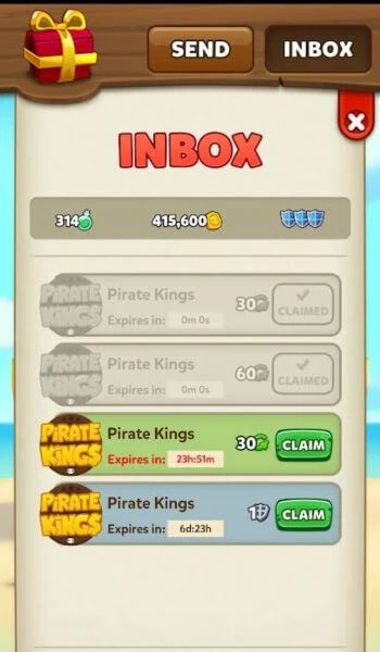 Claim free spins reward in inbox Pirate Kings