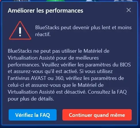 avertissement virtualisation pour optimiser bluestacks