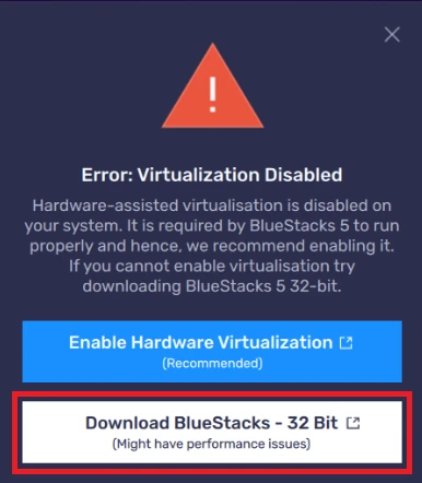 virtualisation warning to optimise bluestacks
