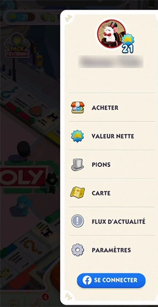 Menu pour changer sa photo de profil sur Monopoly GO