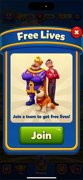 Join a team for free lives in Royal Match