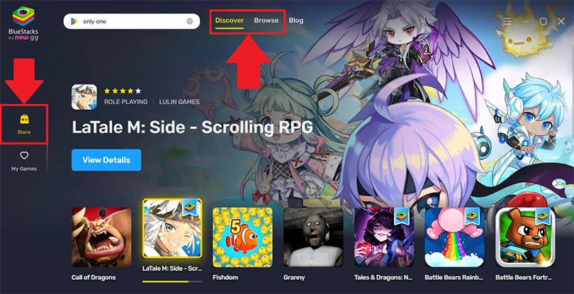 Discover and Browse tabs on Bluestacks
