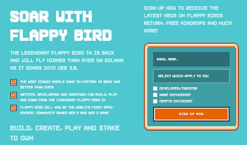 Seite auf der Flappy Bird-Website gelöscht