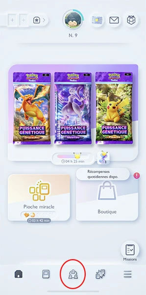 Ecran d'accueil pour ajouter des amis sur Pokémon TCG Pocket