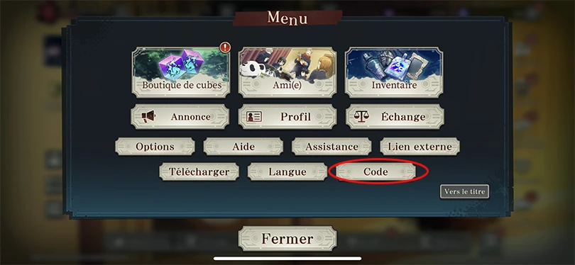 Choisir "codes" dans le menu JJKPP