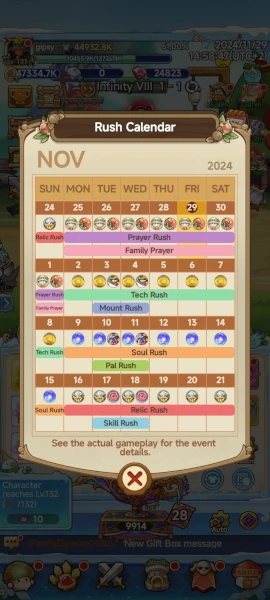 Calendar legend of Mushroom rush events