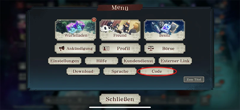 Wählen Sie "Codes" aus dem Menü JJKPPP