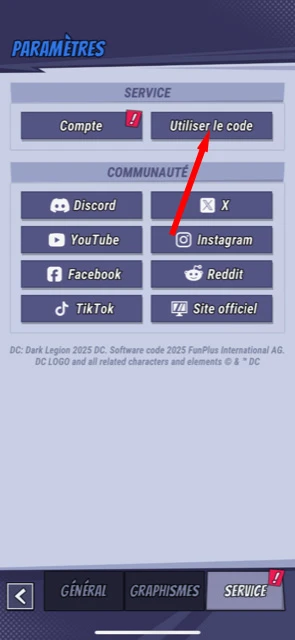 Utiliser le code de DC: Dark Legion