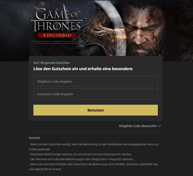 Website zum Einlösen von Game of Thrones-Codes: Kingsroad