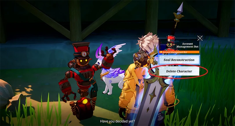 Lacocunt management bot to delete a character in Crystal of Atlan