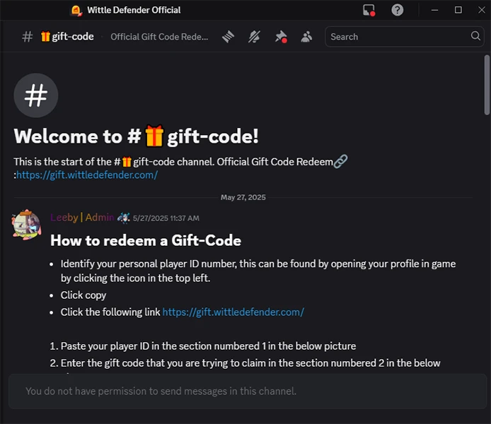 Wittle Defender code Discord server