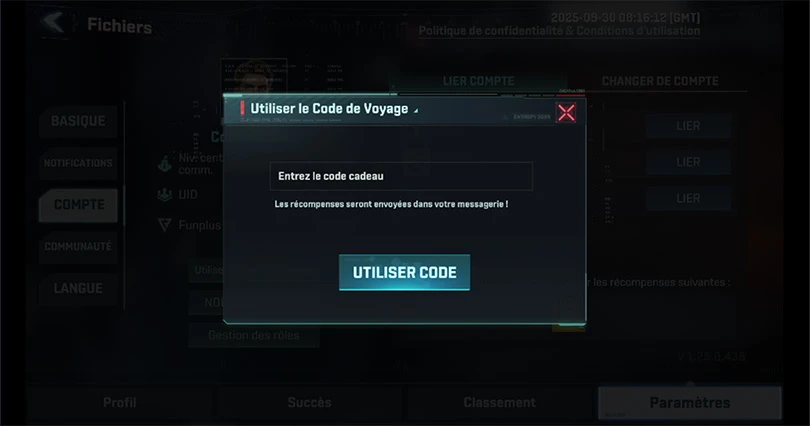 Entrer les codes Project Entropy