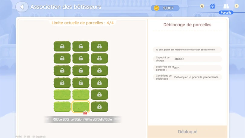 Menu des parcelles dans Heartopia