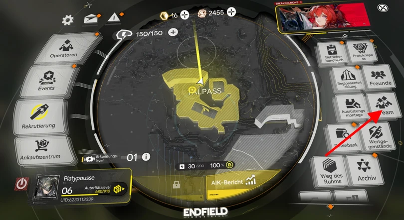 Teammenü in Arknights: Endfield