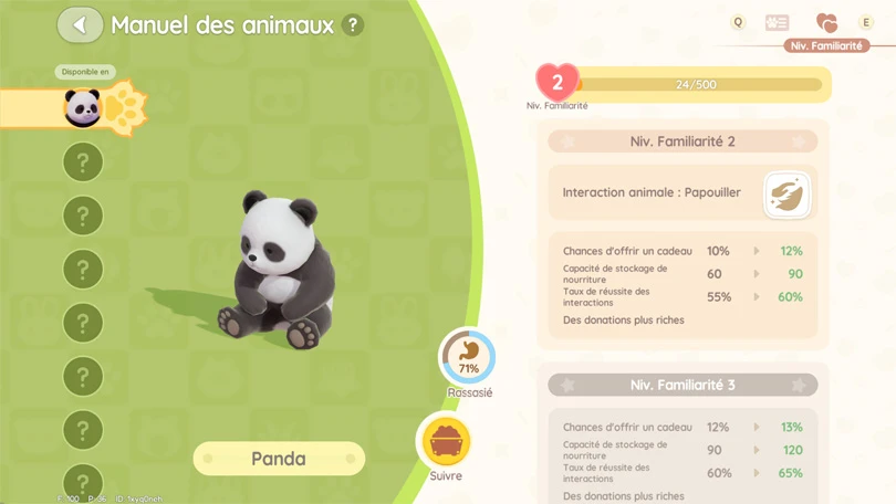 Niveau de familiarité des animaux dans Heartopia