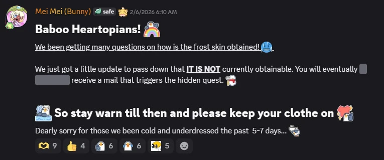Offizielle Nachricht über die blaue Haut Heartopia im offiziellen Discord