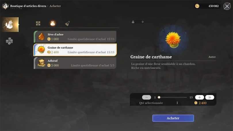 Acheter des ingrédients pour les recettes 7DS: Origin