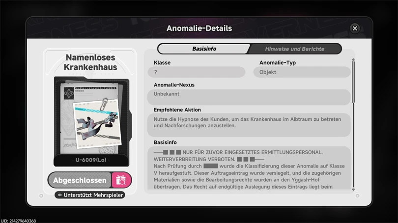 Infos zur Danomalia-Quest Namenloses Krankenhaus Neverness to Everness