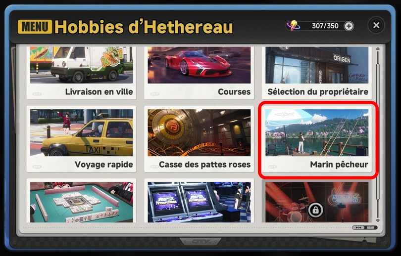 La pêche NTE dans le menu des Hobbies d'Hethereau
