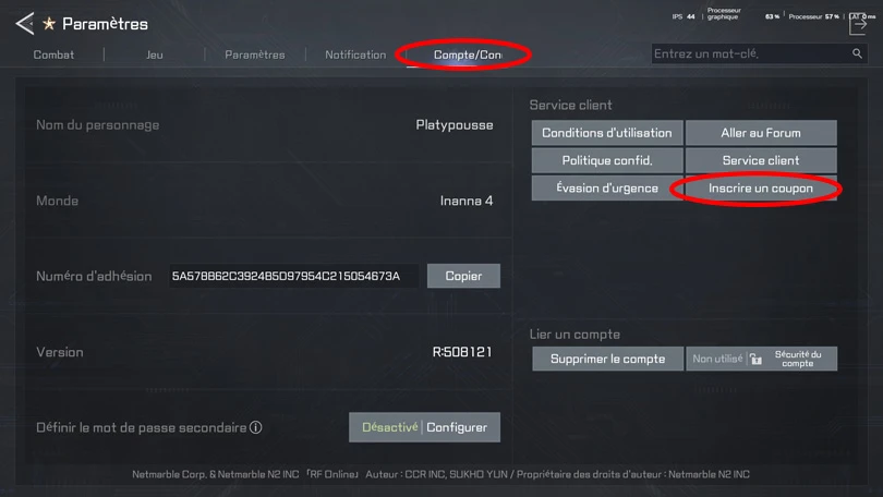 Entrer l'un des codes RF Online Next