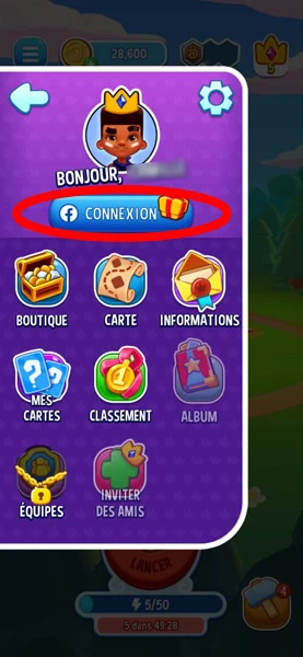Lier son compte Facebook pour avoir des tours gratuits Dice Dreams