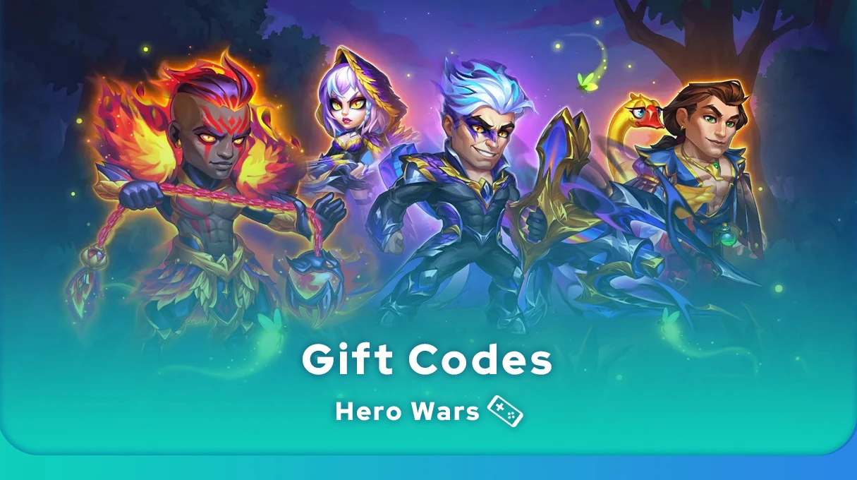 Hero Wars heroes displayed beside the August 2026 promo-code guide
