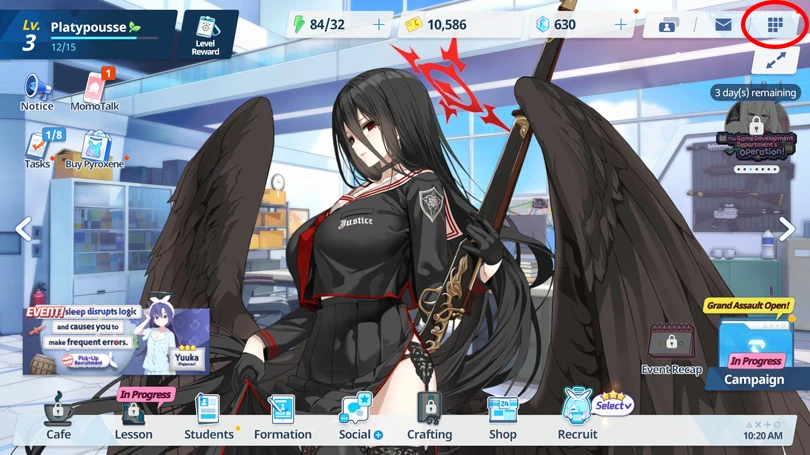 Menu pour récupérer les codes Blue Archive