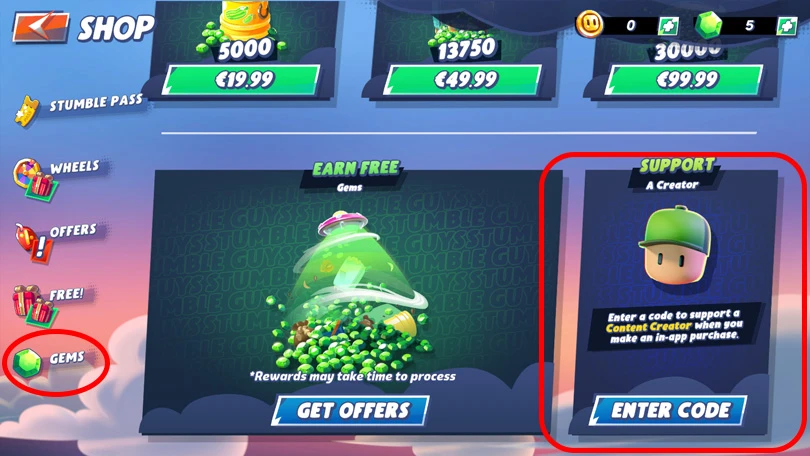 Einen Stumble Guys-Entwicklercode eingeben