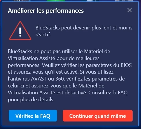 avertissement virtualisation pour optimiser bluestacks