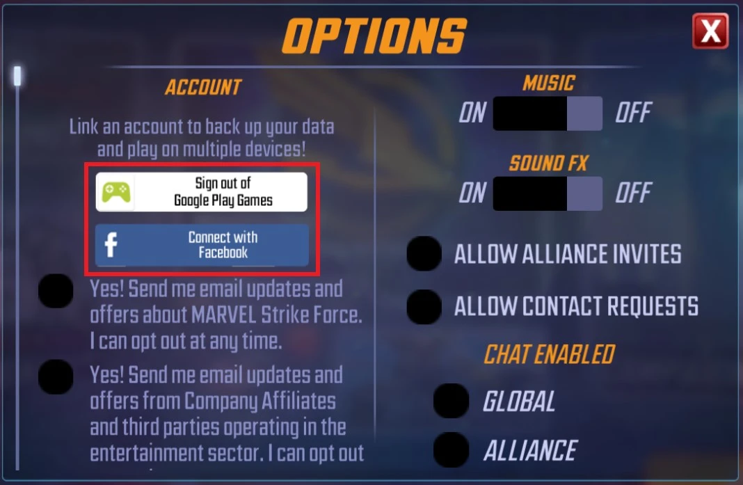 MARVEL Strike Force account settings