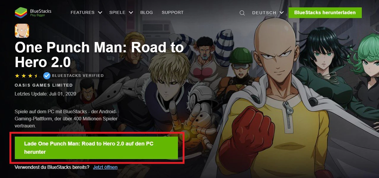 Installieren Sie One Punch Man: Road to Hero mit BlueStacks