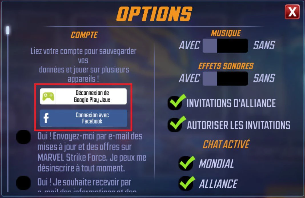 Paramètres du compte MARVEL Strike Force