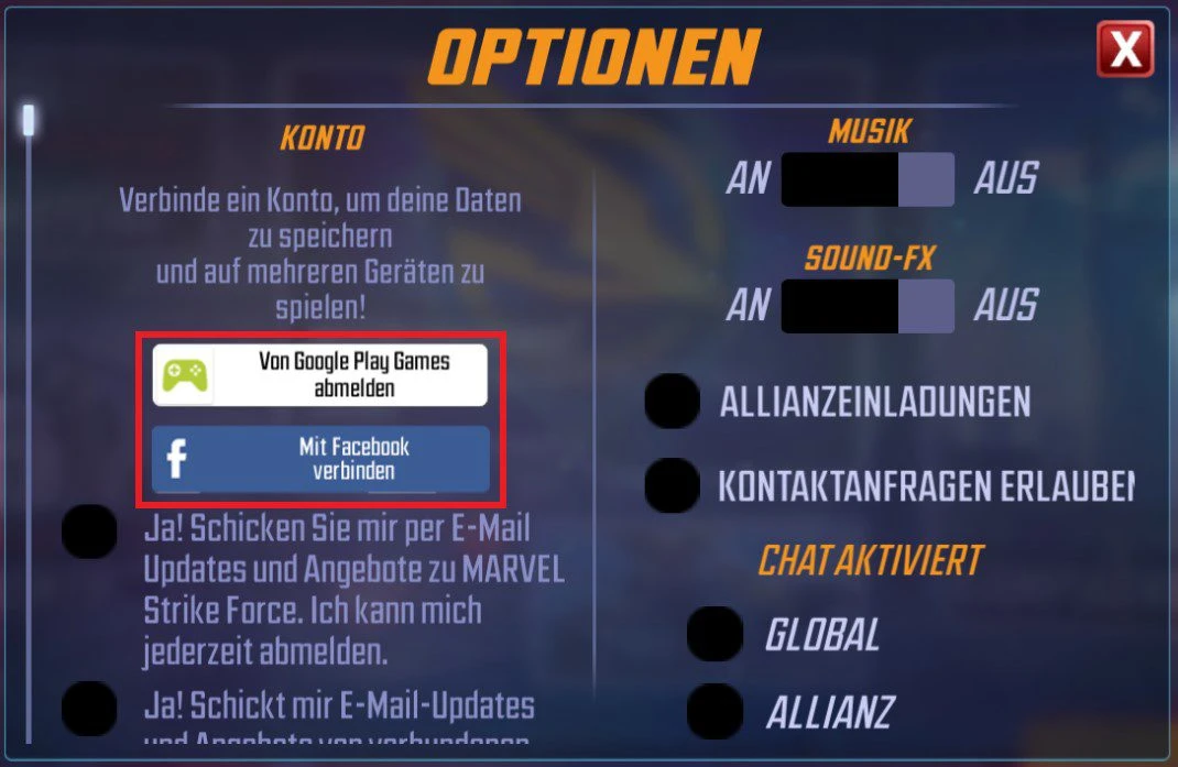 Konto-Einstellungen MARVEL Strike Force