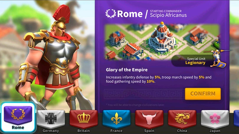 Choose civilisation at the start of the game
