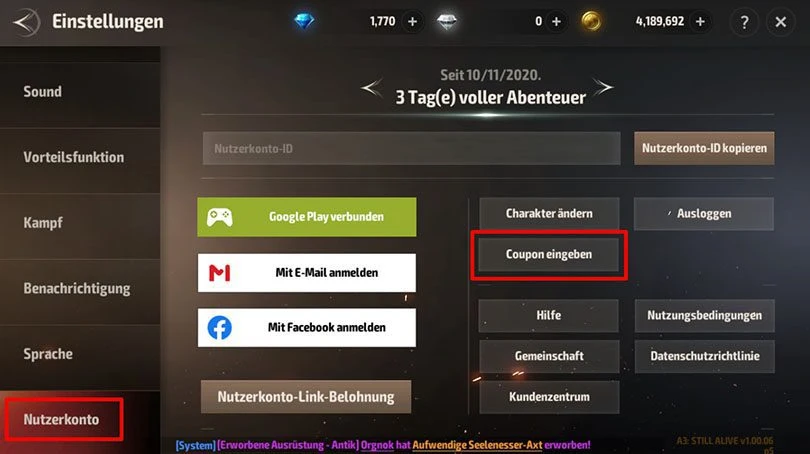 Coupon eingeben a3 still alive