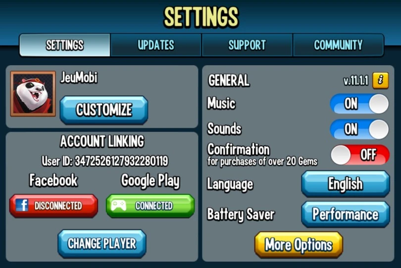 Monster Legends account settings