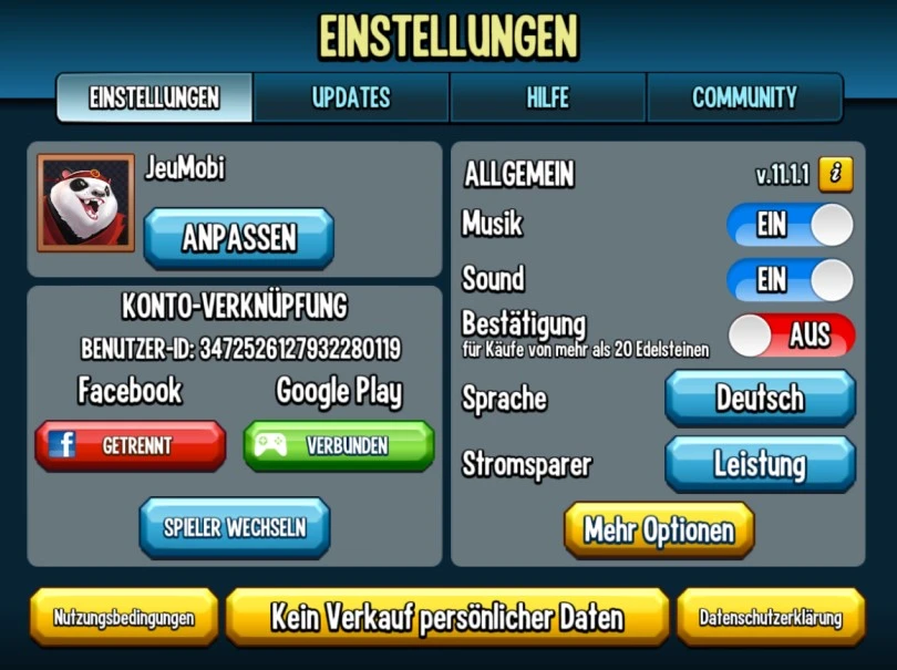 Kontoeinstellung Monster Legends