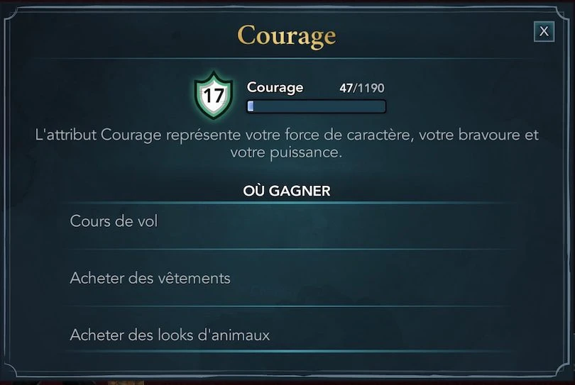 Attribut courage dans Harry Potter Hogwarts Mystery