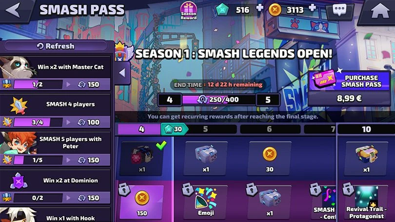 Menü "Battle Pass Smash Legends
