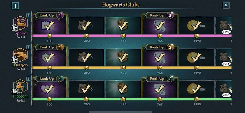 Clubs of Hogwarts, advancing in levels