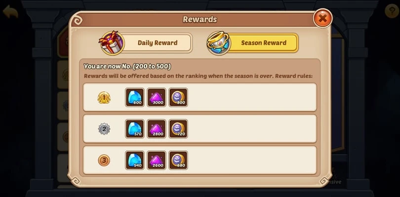 Tägliche und saisonale Arenabelohnung Idle Heroes