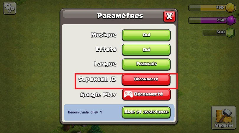 Paramètres compte Clash of Clans SUPERCELL ID