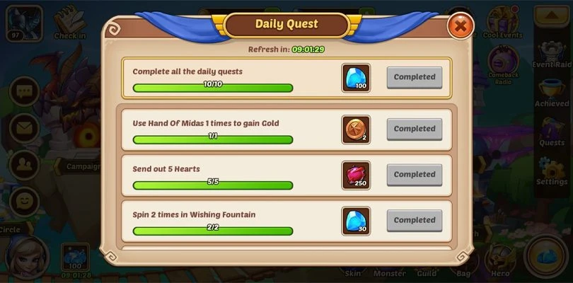 Tägliche Quests und Belohnungen Idle Heroes