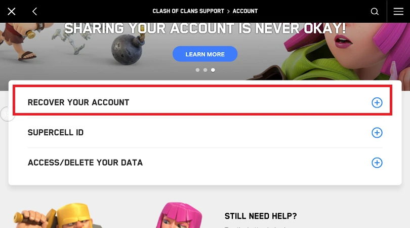 Option zur Wiederherstellung eines verlorenen Clash of Clans Kontos