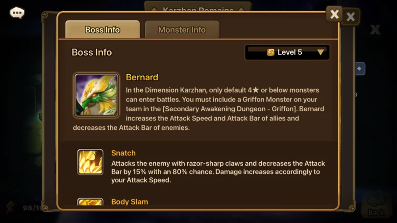 Boss info Second Griffon Awakening