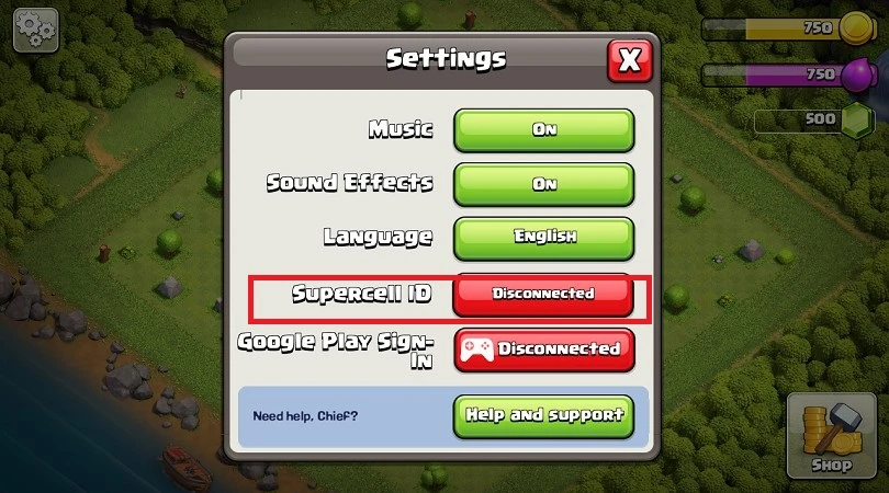 Kontoeinstellungen Clash of Clans SUPERCELL ID