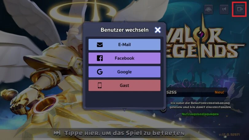 Konto wechseln Valor Legends 